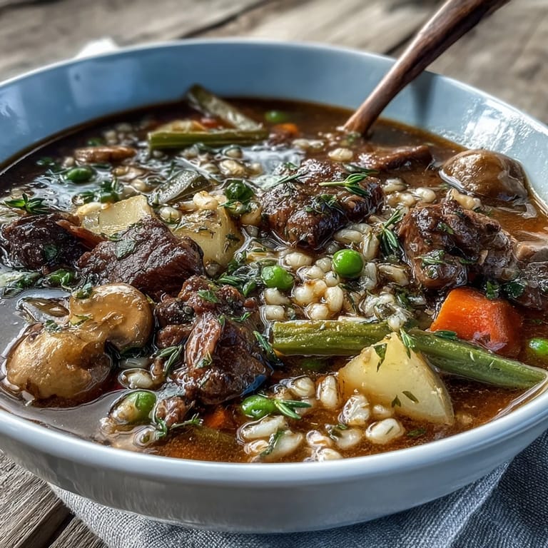 Homemade Beef and Barley Soup served in a ceramic bowl with crusty bread.