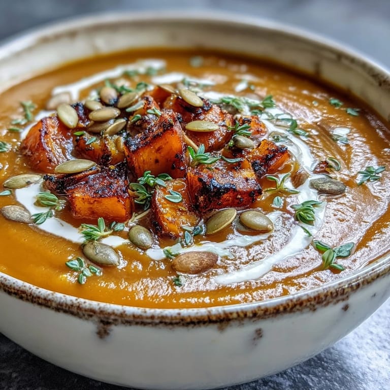 Golden Roasted Butternut Squash Soup topped with fresh thyme in a rustic ceramic bowl.