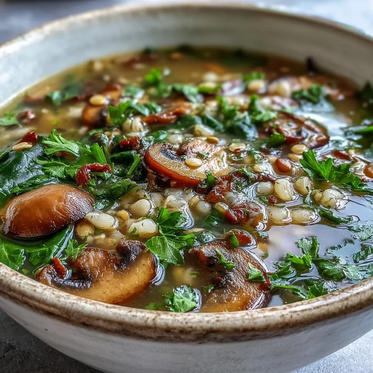 Thick, savory Double Lentil and Mushroom Barley Soup with tender vegetables, ready to eat on a cozy kitchen table.