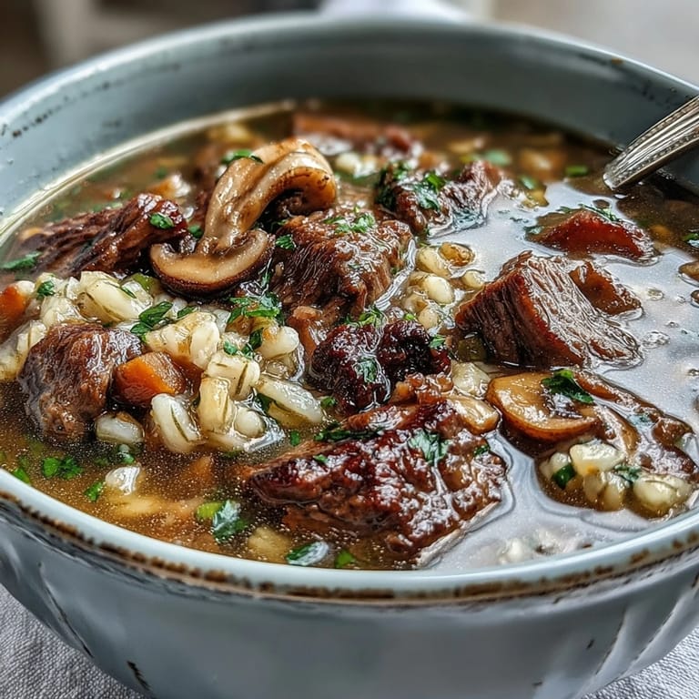 Rich Beef and Barley Soup with Mushrooms simmering in a Dutch oven, showcasing caramelized mushrooms, diced carrots, and hearty pearl barley.