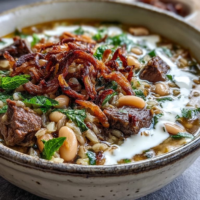 Crisp mint-fried onions top the aromatic Persian-inspired Beef Barley Soup, served steaming hot next to a slice of crusty bread.