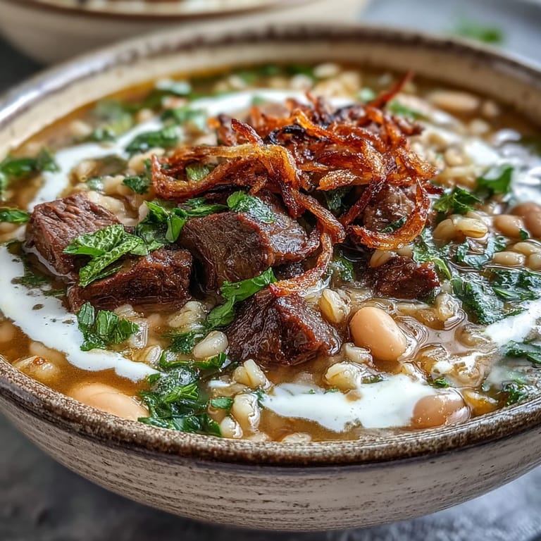 Close-up of rich Beef Barley Soup revealing lentils, barley, and diced carrots in a savory broth garnished with fresh chives.