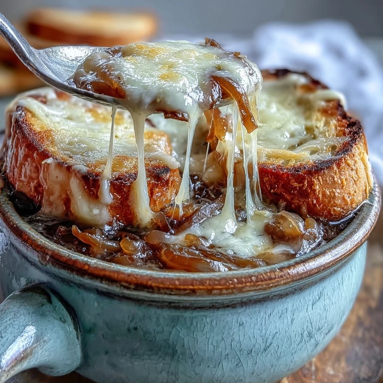 Golden bubbly Gruyère topping on classic French Onion Soup, served hot with a toasted bread slice and fresh thyme garnish.