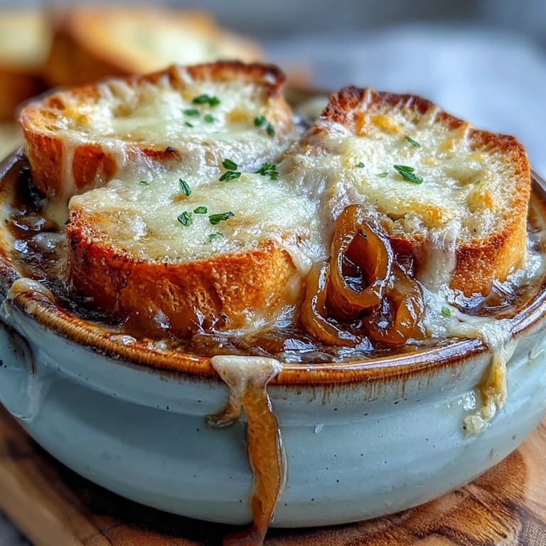 Rustic Dutch oven filled with rich French Onion Soup, showing layers of sweet onions and savory beef broth with cheese toast.