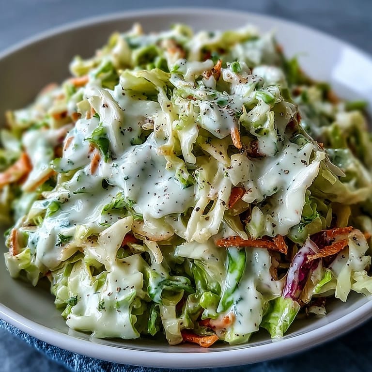 Tangy chopped coleslaw recipe, showcasing fresh cabbage and carrots in rich dressing.