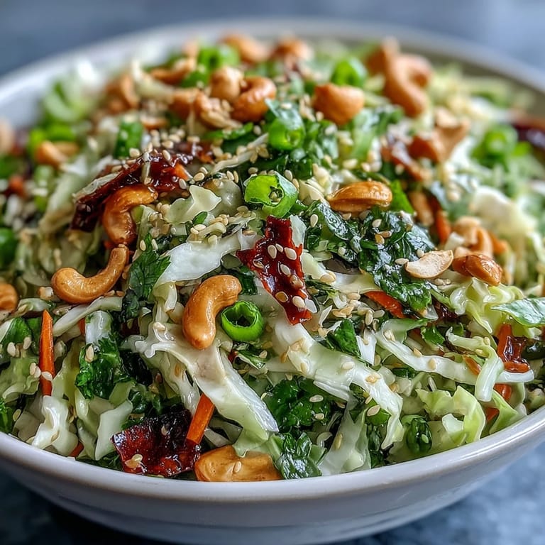 Serving suggestion for Asian Cabbage Salad, drizzled with sesame-ginger dressing and a lime wedge.