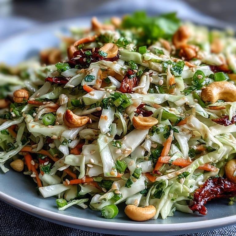 Mounded Asian Cabbage Salad with toasted sesame seeds and chopped cashews in a glass bowl.
