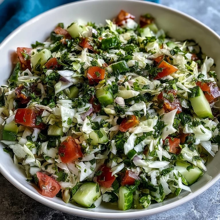 Colorful vegan Lebanese Cabbage Salad sprinkled with toasted pine nuts, served alongside grilled falafel and lemon wedges.