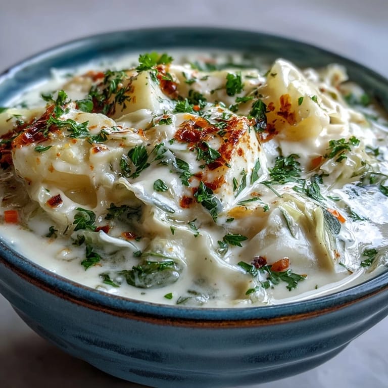 Velvety Creamy Potato Soup with Cabbage simmering in a pot, showcasing tender chunks of potato and green cabbage.