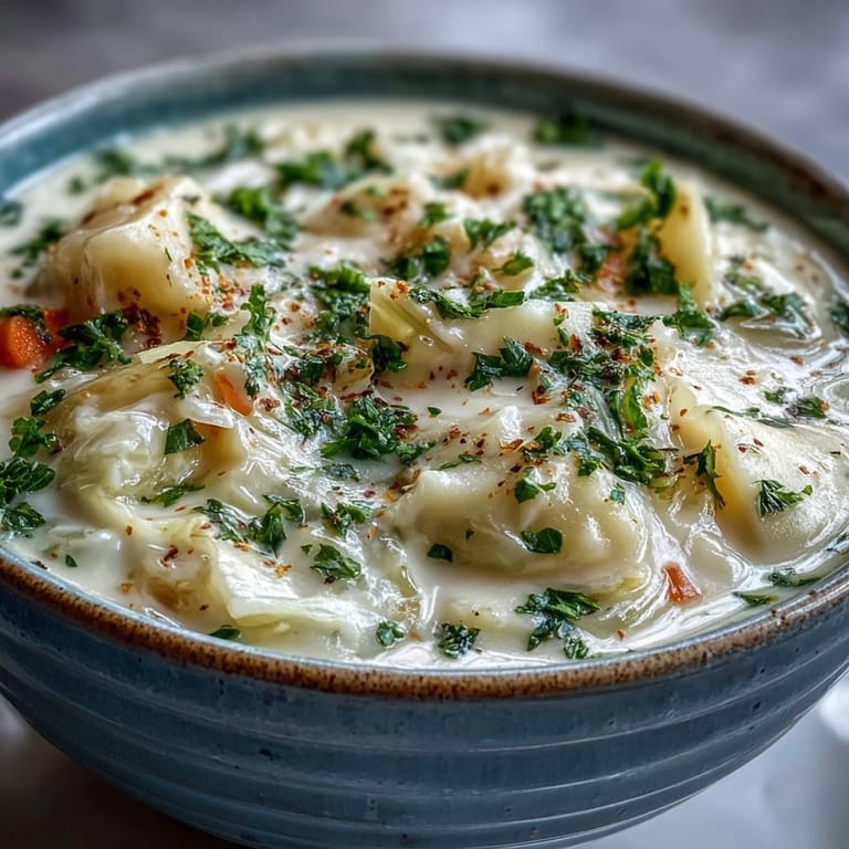 Steaming bowl of Creamy Potato Soup with Cabbage, topped with fresh herbs, perfect for a cozy, gluten-free meal.