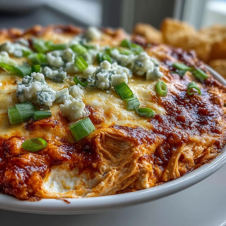 Freshly baked Buffalo Chicken Dip bubbling from the oven, garnished with green onions for a game day appetizer.