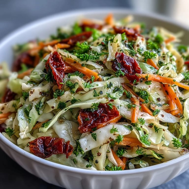 Vibrant vegetarian cabbage salad featuring sun-dried tomatoes, crisp veggies, and a herby dressing in a white ceramic bowl.
