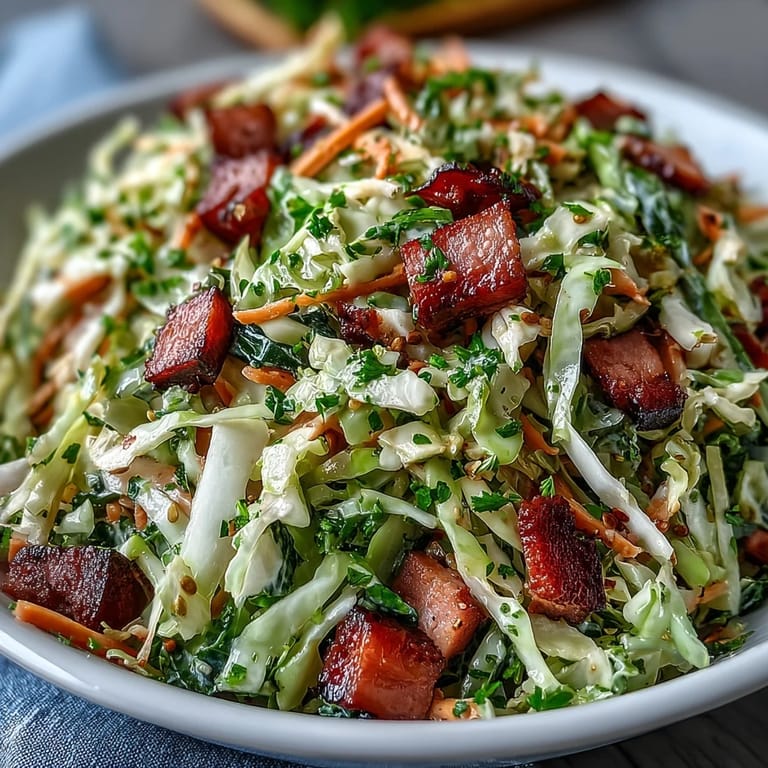 Enjoy this vibrant German Cabbage Coleslaw With Shredded Ham, dressed perfectly for flavor.