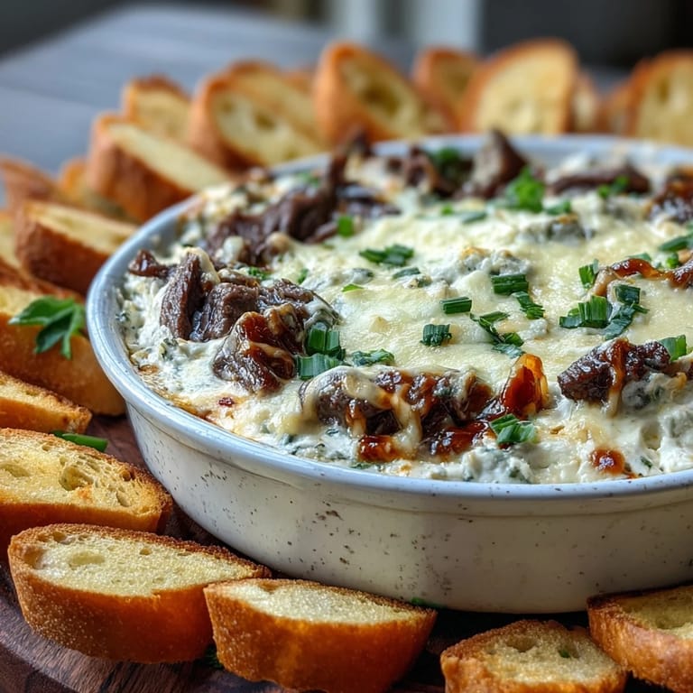 A warm, creamy bowl of Philly Cheesesteak Dip topped with gooey cheese, flanked by crispy baguette slices and colorful bell peppers.