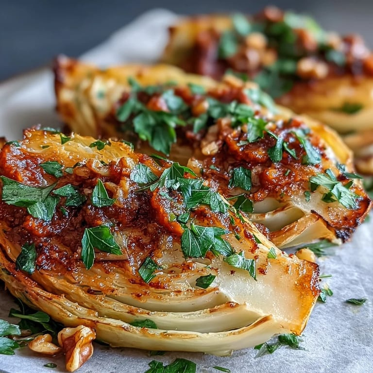 Savory wedges of baked cabbage paired with a rich, textured romesco sauce and toasted walnuts, served warm for a satisfying winter meal.
