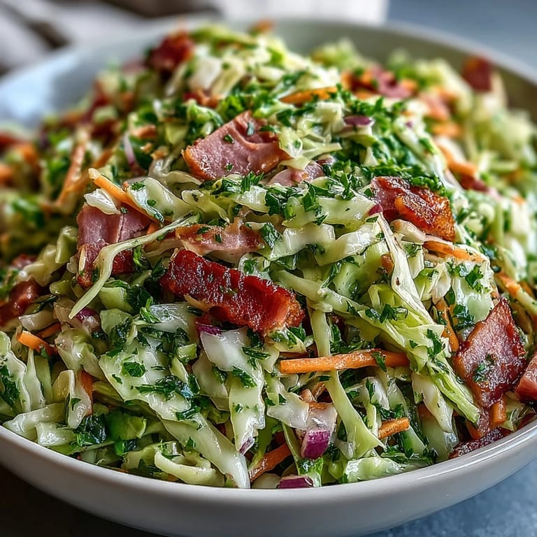 Crisp German Cabbage Coleslaw With Shredded Ham, a hearty side dish ready to serve.