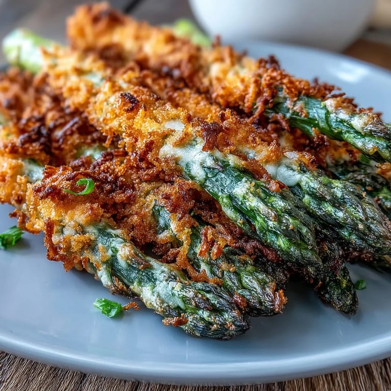 Crunchy panko and Asiago coated asparagus spears served hot with lemon and parsley garnish.