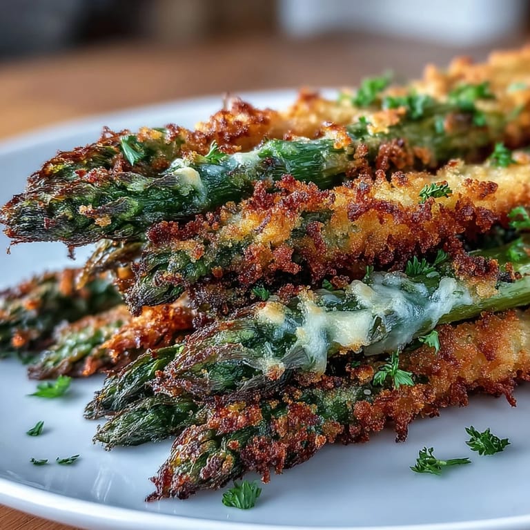 Oven-baked Crispy Asparagus Asiago Spears on a platter, golden crust, tender green stalks, dipping sauce.
