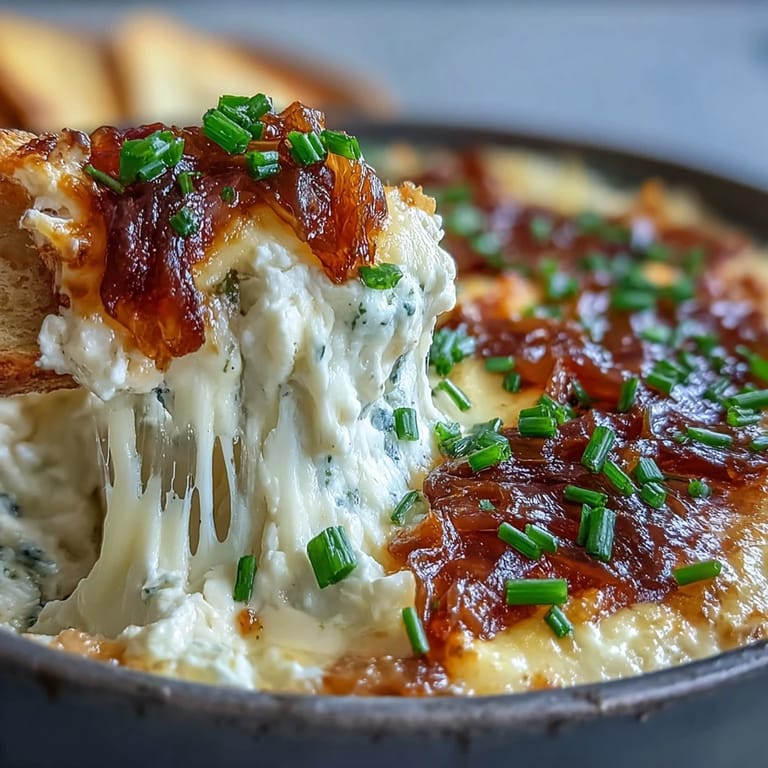 Freshly baked Smoked Gouda & Onion Dip with golden edges, paired with crisp vegetable sticks for a healthy appetizer.