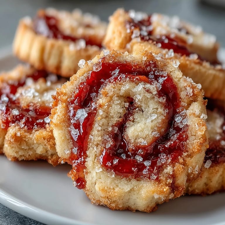 Close-up of Raspberry Swirl Shortbread Cookies showing buttery crumb and vibrant red filling, plated with tea.