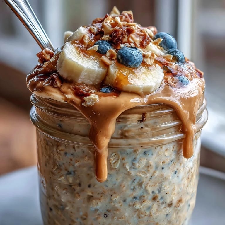 A glass jar of High-Protein Peanut Butter Overnight Oats layered with oats, chia, and vanilla protein, ready to eat.