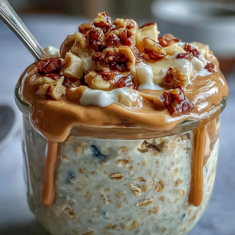 Close-up of High-Protein Peanut Butter Overnight Oats beside fresh berries and nuts, a nourishing grab-and-go breakfast.
