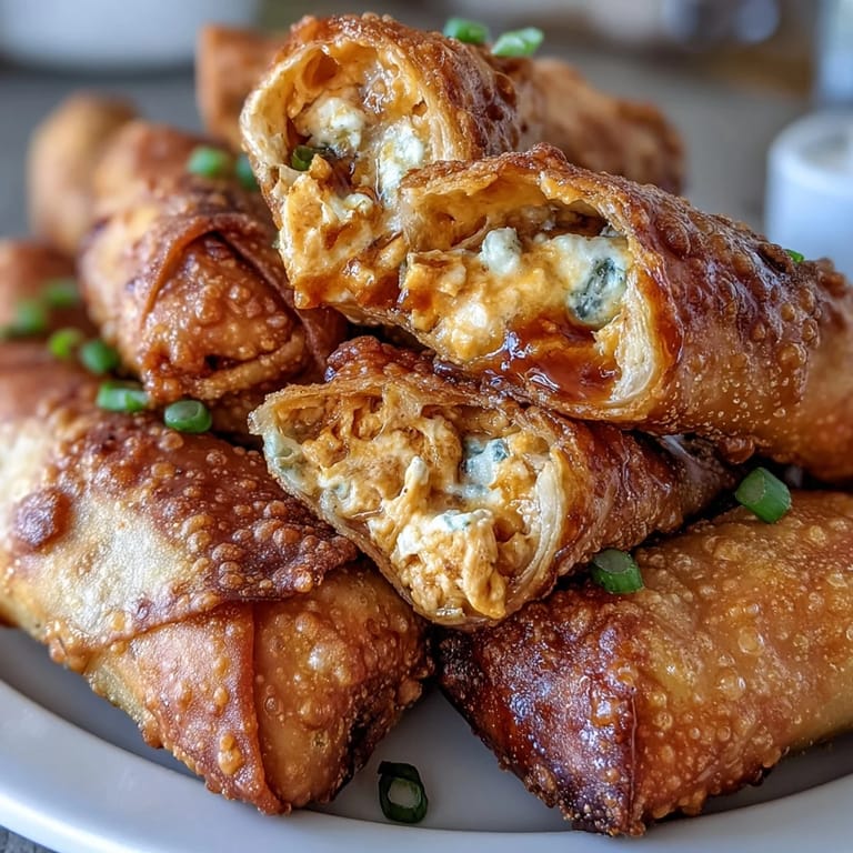 Freshly baked Buffalo Chicken Dip Egg Rolls with melted cheddar and green onions, perfect for game day.