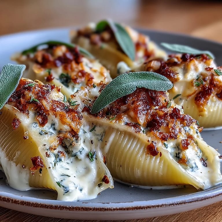 Plated Pumpkin & Gouda Stuffed Shells garnished with fresh sage and grated Parmesan, served next to a crisp salad.