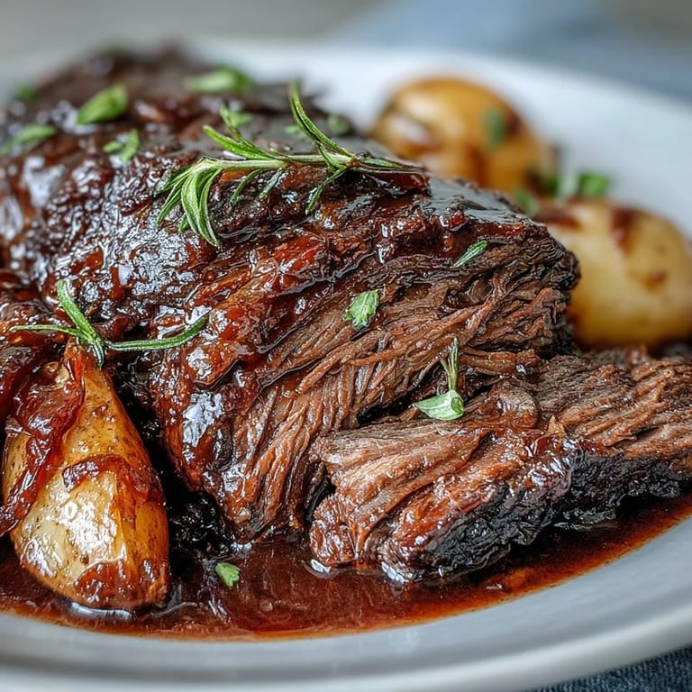 Hearty beef pot roast braised to perfection, featuring fall-apart tender meat and colorful vegetables in a savory red wine broth.