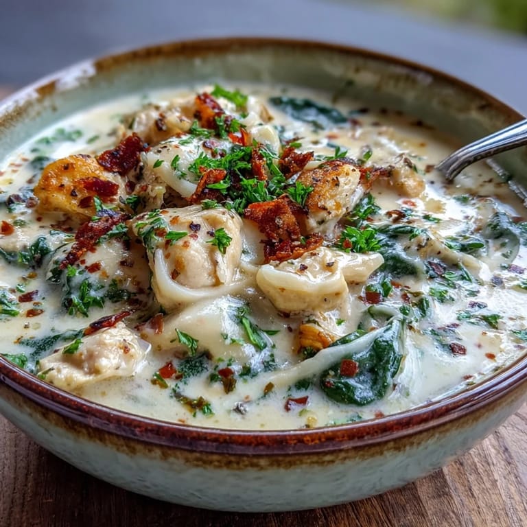 A ladle lifts velvety Garlic Parmesan Chicken Soup, revealing tender chicken and wilted spinach in a rich broth.