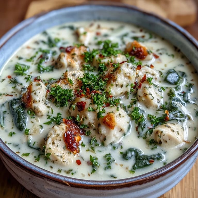 Close-up on a bowl of Garlic Parmesan Chicken Soup, garnished with herbs and cheese, paired with crusty bread.