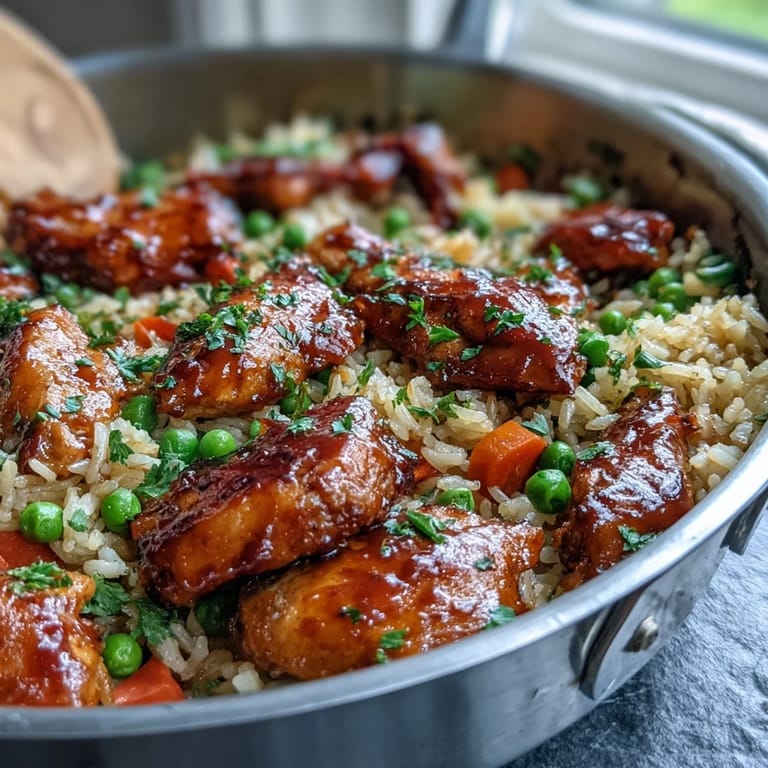 Family-style platter of One-Pan Bold Honey BBQ Chicken Rice with lime wedges, ready for an easy weeknight American dinner.