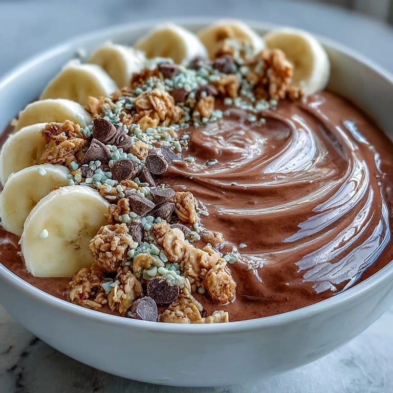 Chunky Monkey smoothie bowl topped with banana slices, maple granola, cacao nibs, and mini chocolate chips on a marble counter.