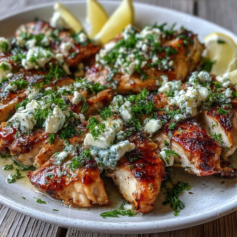 Juicy Greek Chicken with Lemon and Feta garnished with fresh parsley and served with lemon wedges.