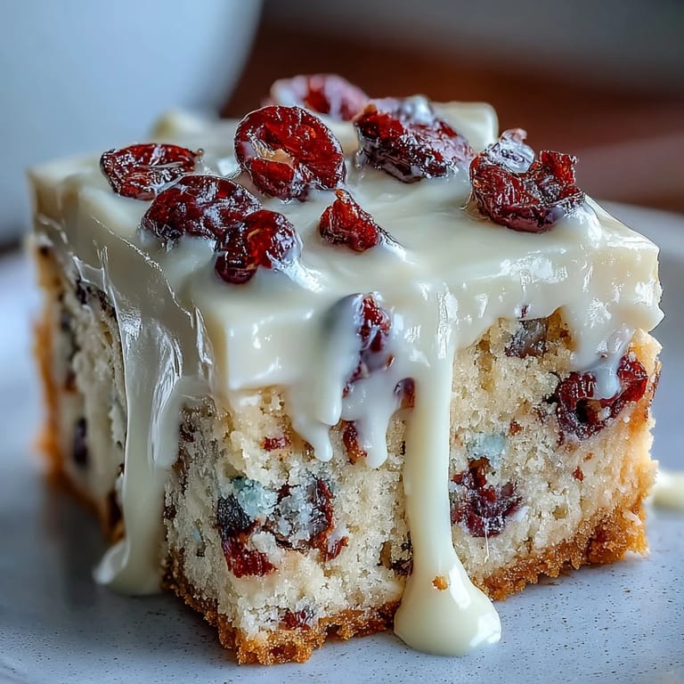 This overhead view highlights the texture of the buttery Cranberry Bliss Bars, loaded with tart dried cranberries and finished with a snowy powdered sugar and orange zest topping.