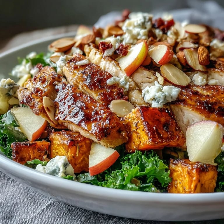 Colorful Fall Sweet Potato Harvest Bowl topped with crisp apple slices, toasted almonds, and a drizzle of tangy balsamic vinaigrette.
