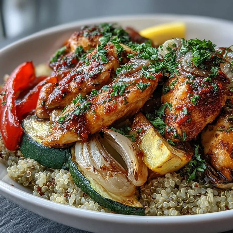 A colorful bowl of paprika herb chicken with roasted veggies and quinoa, drizzled with rose harissa.