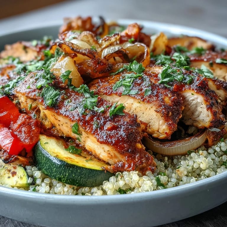 Close-up of juicy paprika herb chicken beside roasted zucchini and bell peppers on a bed of quinoa.