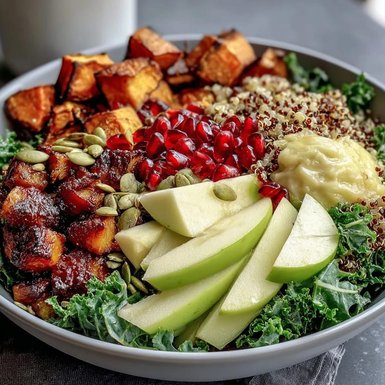 Roasted sweet potatoes and massaged kale in a Kale Harvest Grain Bowl with pepitas and a tangy maple dressing.