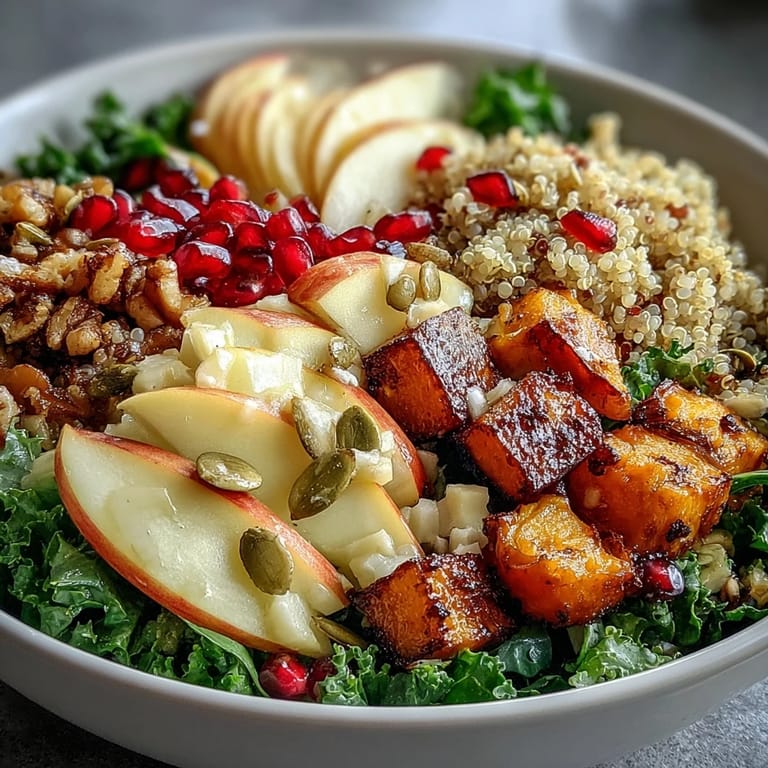 Close-up of a fresh Kale Harvest Grain Bowl with chopped kale, quinoa, diced apples, and pomegranate seeds.