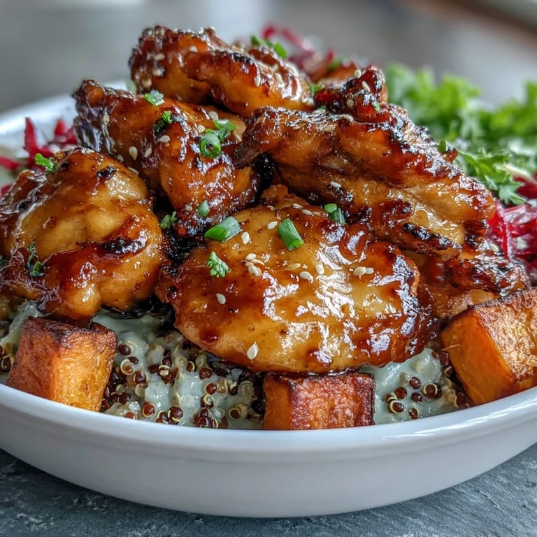 Hot Honey Chicken Bowl featuring golden chicken and caramelized sweet potatoes, drizzled with tangy spicy mustard dressing on fluffy quinoa. 