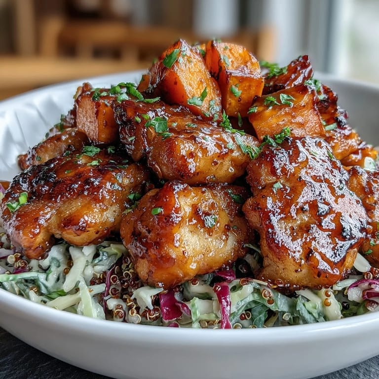 Assembled Hot Honey Chicken Bowl with vibrant red cabbage slaw and sweet potatoes, ready to serve with a drizzle of dressing.