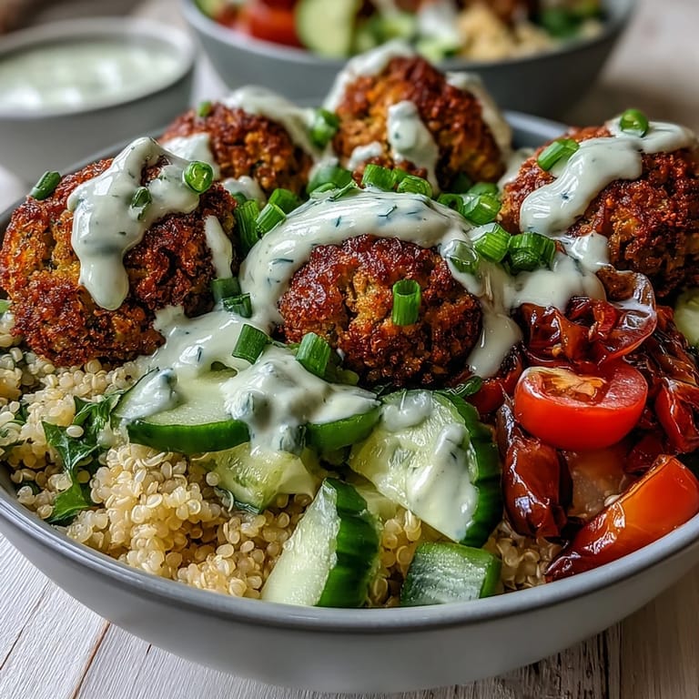 Served in a rustic white bowl, the vibrant Falafel Quinoa Salad Bowl offers a hearty, gluten-free vegetarian meal perfect for healthy lunch bowls.
