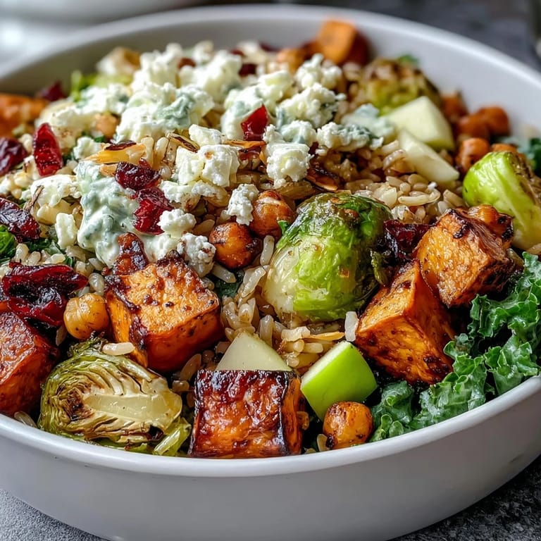 A close-up of a wholesome Fall Harvest Bowl with colorful vegetables, toasted almonds, and crumbled feta, perfect for a vibrant gluten-free main dish.