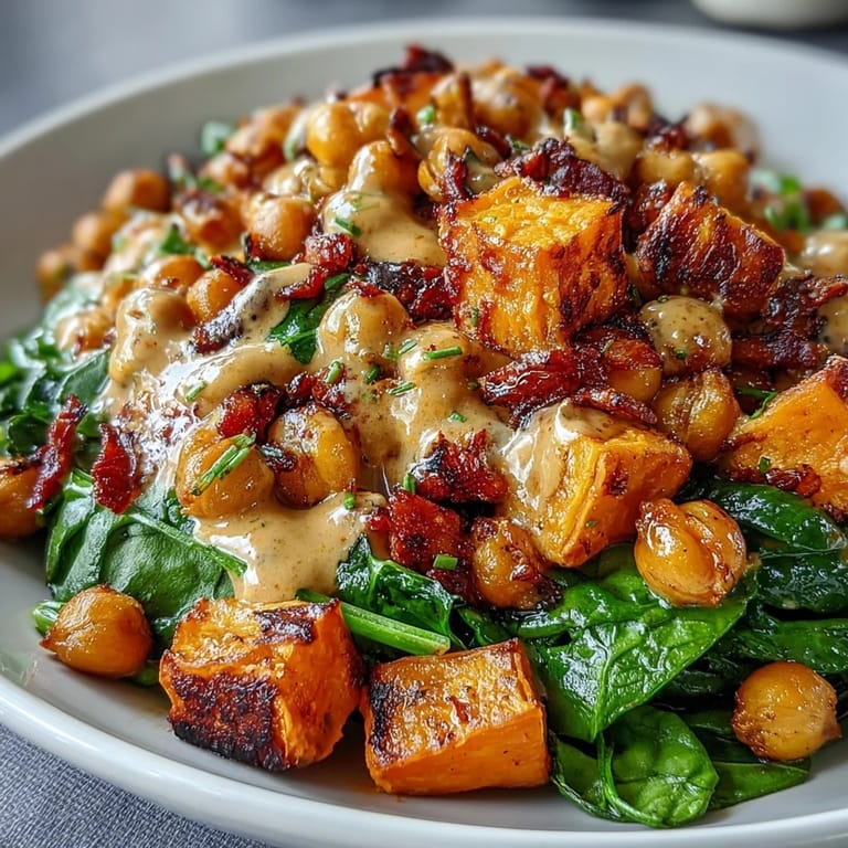 Smoky chipotle tahini dressing drizzled over a hearty Roasted Sweet Potato and Chickpea Bowl, garnished with fresh cilantro and pumpkin seeds.