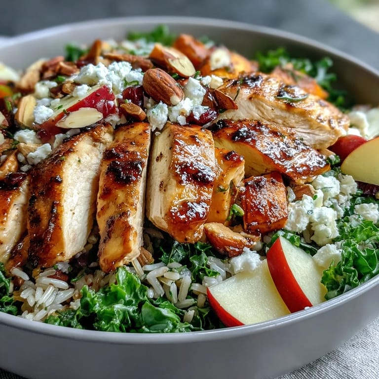 Tangy balsamic dressing drizzled over a colorful Harvest Bowl features golden roasted sweet potatoes, hearty kale, wild rice, and tender chicken slices.
