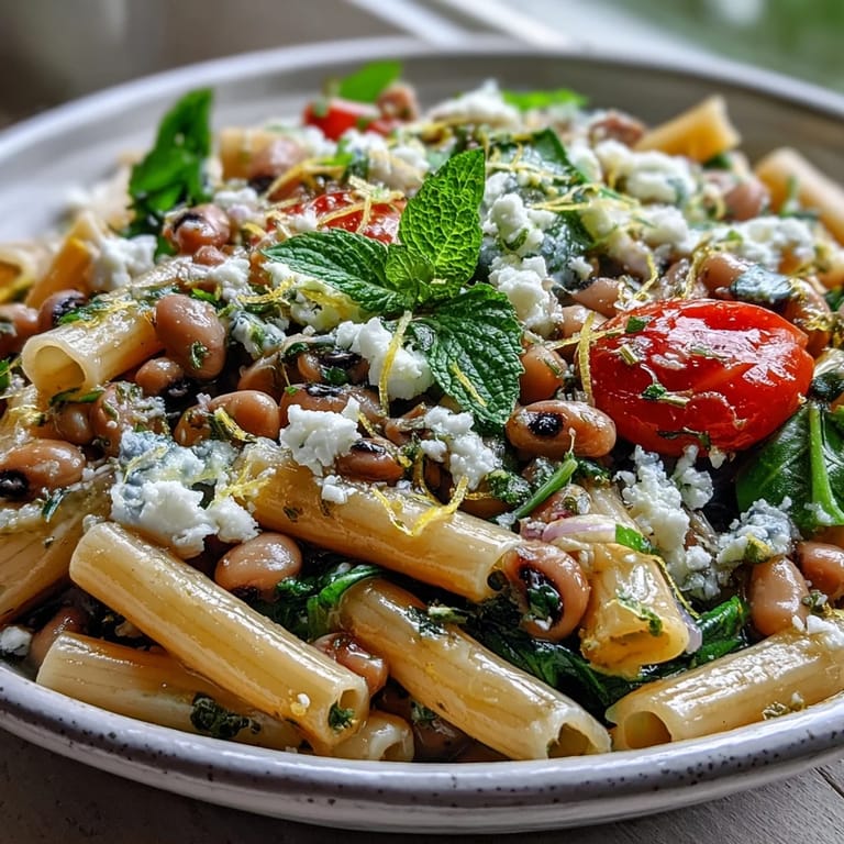 A vibrant bowl of Black-Eyed Pea Pasta tossed with cherry tomatoes, spinach, and garlic olive oil.