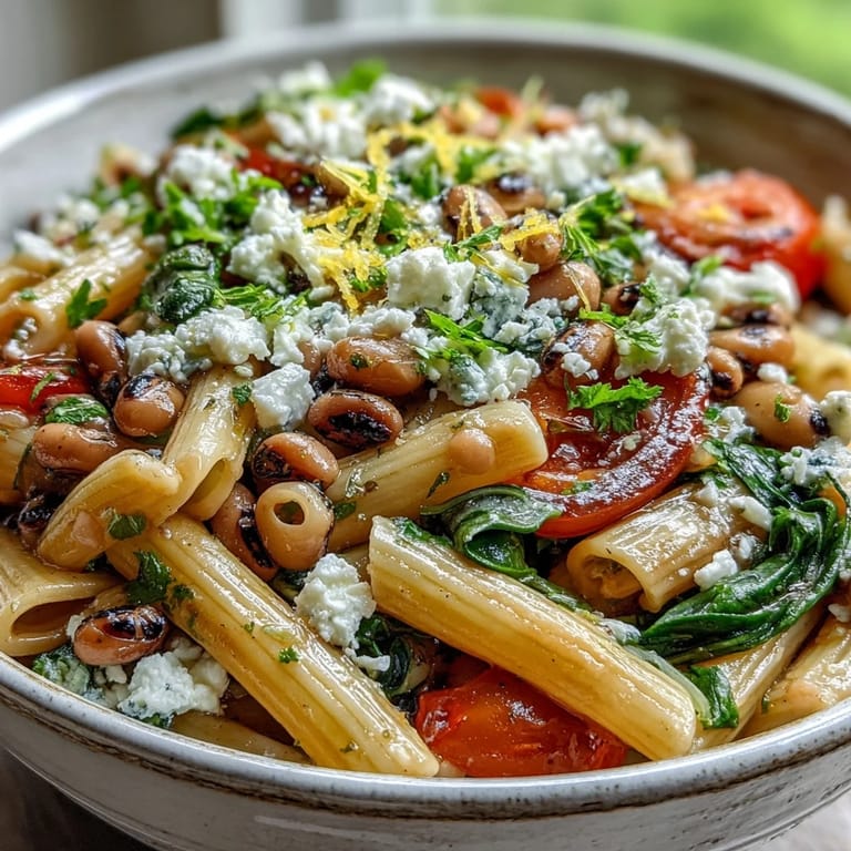 Overhead view of freshly prepared Black-Eyed Pea Pasta with parsley and red onion, ready to serve.
