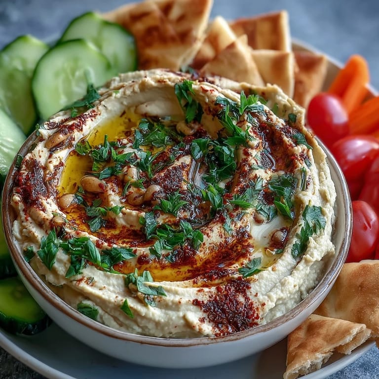 Vibrant black-eyed pea hummus topped with olive oil and spices, ready to scoop with cucumbers and carrots at a snack platter.