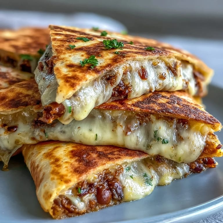 Close-up of a Black-Eyed Pea Quesadilla wedge showing creamy mashed beans and fresh cilantro filling.